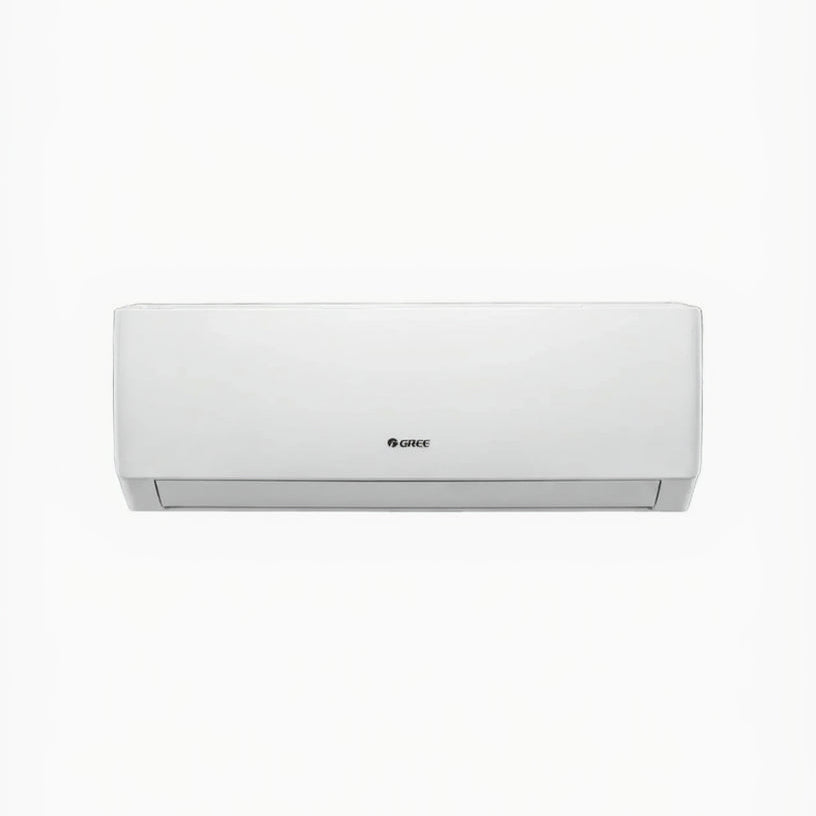 A white wall-mounted split air conditioner indoor unit with the GREE logo on the front, shown against a plain white background with the GREE logo in the top left corner.