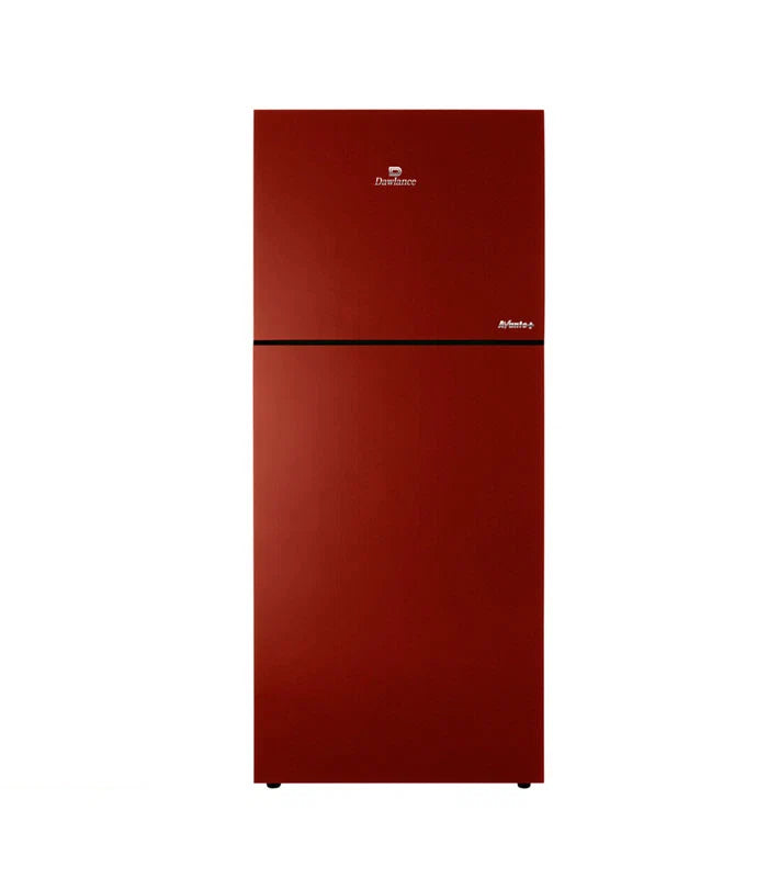 A top-freezer refrigerator in a glossy deep red finish, featuring a small white logo on the upper door and a horizontal black line separating the two compartments, shown against a plain white background.