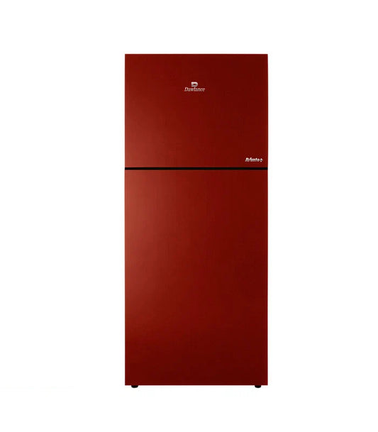 A top-freezer refrigerator in a glossy deep red finish, featuring a small white logo on the upper door and a horizontal black line separating the two compartments, shown against a plain white background.