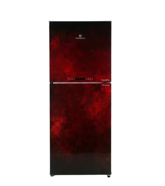 Red and black refrigerator with brand logo on a white background