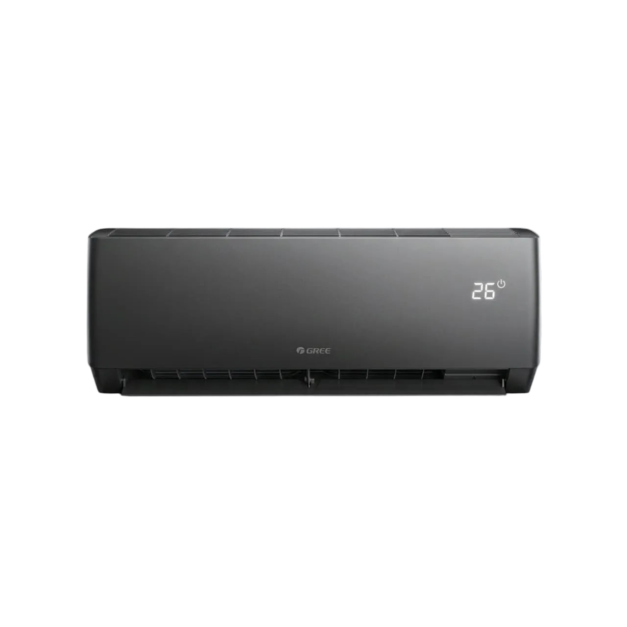 A wall-mounted split air conditioner indoor unit in dark gray, shown against a plain white background with the GREE logo in the top left corner.