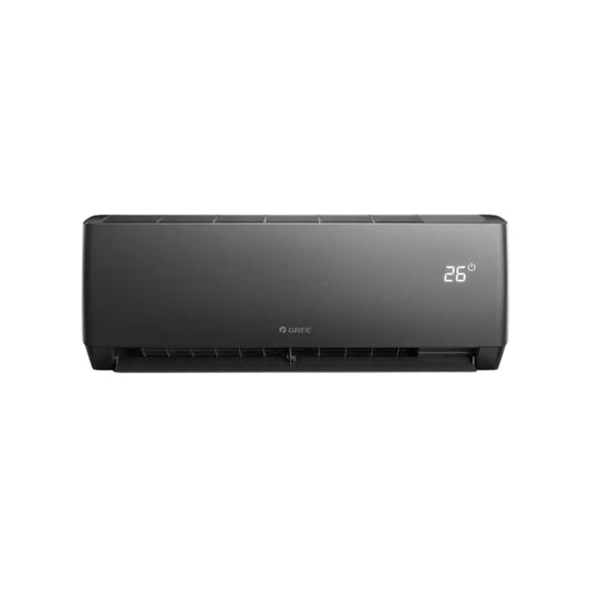 A wall-mounted split air conditioner indoor unit in dark gray, shown against a plain white background with the GREE logo in the top left corner.
