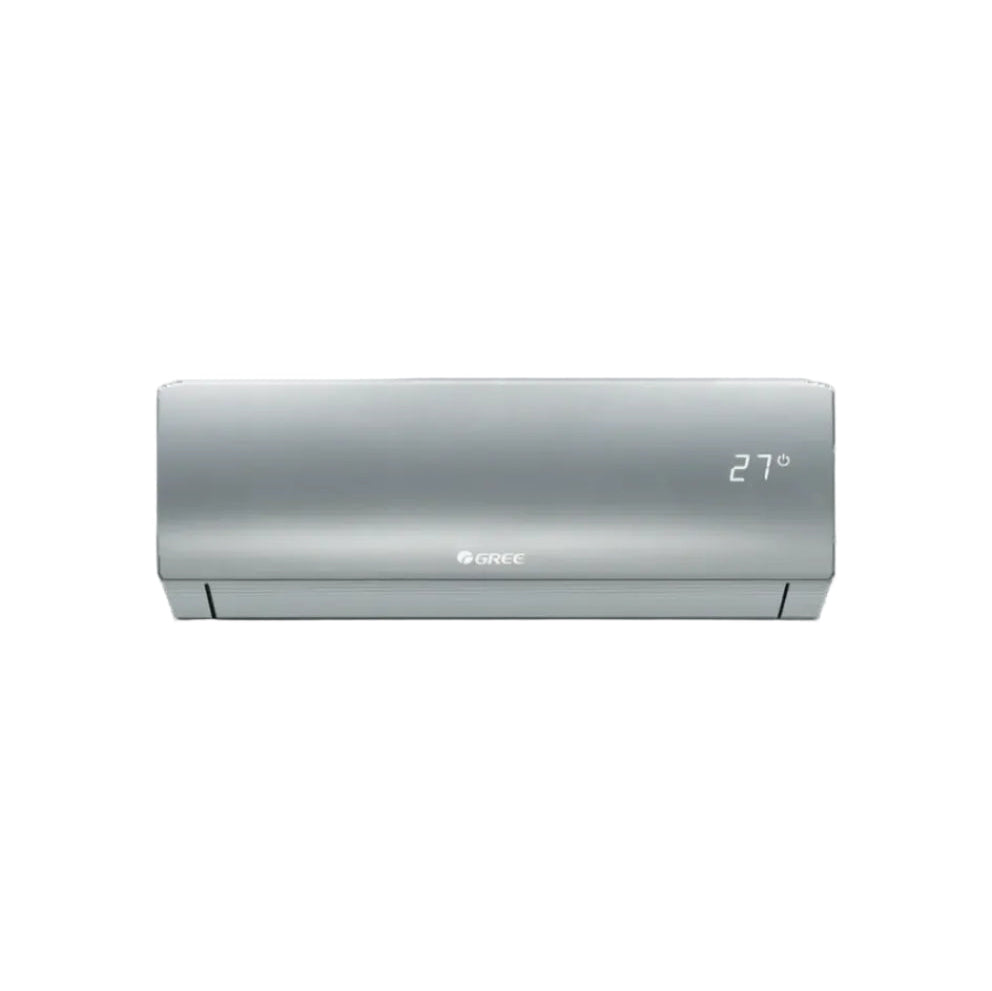 A wall-mounted split air conditioner indoor unit in metallic silver, featuring a digital LED display showing 27 degrees on the top right and the GREE logo in the center.