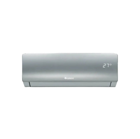 A wall-mounted split air conditioner indoor unit in metallic silver, featuring a digital LED display showing 27 degrees on the top right and the GREE logo in the center.