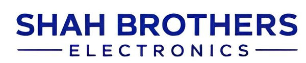 blue text shah brothers electronics witj white backgrond